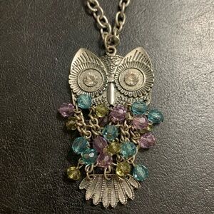 Large Silver Owl w/ dangling beads on 32 in chain